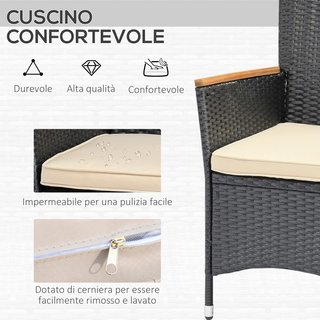 Conjunto de Mesa y Sillas de Jardín de 7 Piezas en Rattan PE y Madera, Muebles de Exterior con Cojines Suaves, Negro