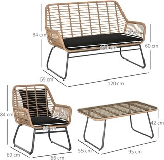 Set di mobili da giardino in rattan PE 4 pezzi, soggiorno esterno stile boho con 2 poltrone, divano e tavolo con piano
