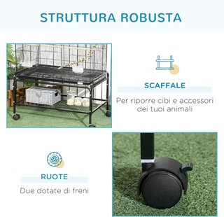 Gabbia per Uccelli in Acciaio con Pertiche, Giocattoli, Contenitori per Cibo e Vassoio Estraibile, 79X49X133 Cm, Nero
