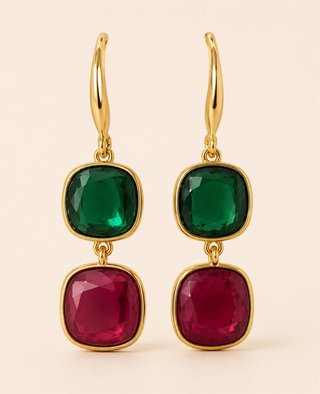 Pendientes largos oro con piedras verde y rosa