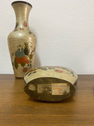 2 Jarrones Latón Estilo Cloisonné Frutas