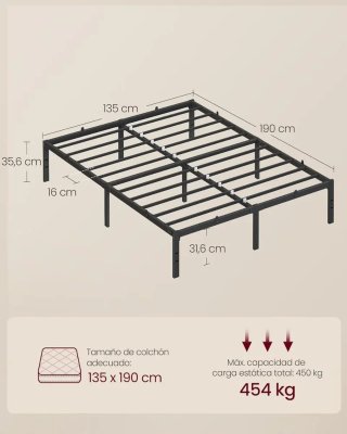 Marco Cama Doble Metal 135x190 Negro Tinta VASAGLE RMB136B01 (Estructura Cama)