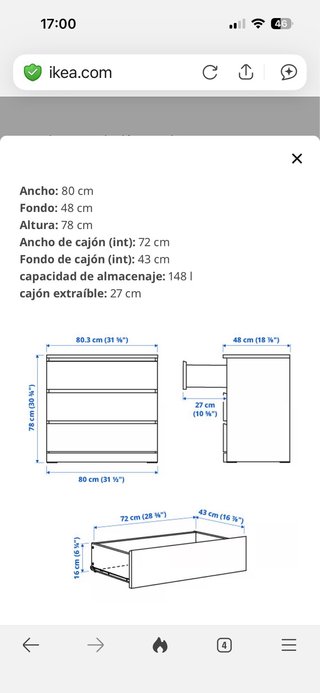 Cómoda Malm Ikea 3 cajones blanca