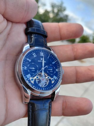 Reloj Aokulasic automático,esfera azul correa negr