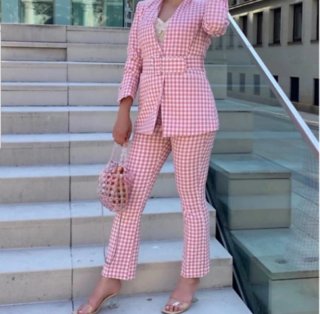 Traje de chaqueta y pantalón Vichy rosa