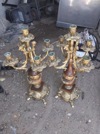 Lote Reloj Antiguo y 2 Candelabros Bronce