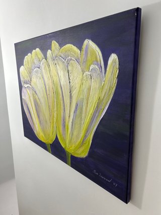 Óleo de dos tulipanes amarillos