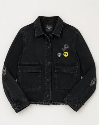 Giacca jeans Bershka nera scritta retro