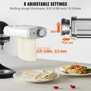 Accesorio de Pasta para Batidora de Pie KitchenAid, Juego de Cortador de Pasta de Acero Inoxidable 3 EN 1 que Incluye Rodillo de Pasta, Cortador de Espagueti y Fettuccine, 8 Niveles de Grosor Ajus...
