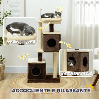 Rascador para Gatos, Ensamblado Libremente, Torre de Rascador para Gatos de 107 Cm con 2 Casitas, Cama, Plataformas de Salto y Pelota de Juguete, en Madera, Felpa y Sisal, Multicolor