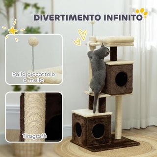 Rascador para Gatos, Ensamblado Libremente, Torre de Rascador para Gatos de 107 Cm con 2 Casitas, Cama, Plataformas de Salto y Pelota de Juguete, en Madera, Felpa y Sisal, Multicolor