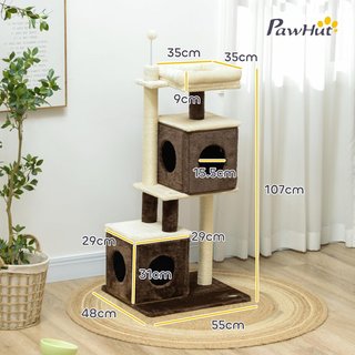 Rascador para Gatos, Ensamblado Libremente, Torre de Rascador para Gatos de 107 Cm con 2 Casitas, Cama, Plataformas de Salto y Pelota de Juguete, en Madera, Felpa y Sisal, Multicolor
