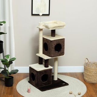 Rascador para Gatos, Ensamblado Libremente, Torre de Rascador para Gatos de 107 Cm con 2 Casitas, Cama, Plataformas de Salto y Pelota de Juguete, en Madera, Felpa y Sisal, Multicolor