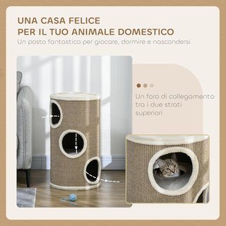 Casa para Gatos de 3 Niveles con Rascador de Sisal y Recubrimiento de Piel de Pana, Casita para Gatos de Interior Multinivel, Ø38X70 Cm, Marrón