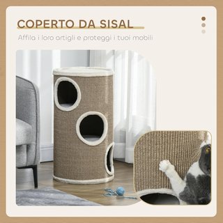 Casa para Gatos de 3 Niveles con Rascador de Sisal y Recubrimiento de Piel de Pana, Casita para Gatos de Interior Multinivel, Ø38X70 Cm, Marrón