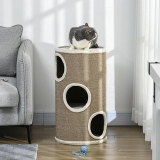 Casa para Gatos de 3 Niveles con Rascador de Sisal y Recubrimiento de Piel de Pana, Casita para Gatos de Interior Multinivel, Ø38X70 Cm, Marrón