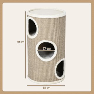 Casa para Gatos de 3 Niveles con Rascador de Sisal y Recubrimiento de Piel de Pana, Casita para Gatos de Interior Multinivel, Ø38X70 Cm, Marrón