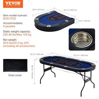 Mesa de Póker Plegable para 8 Jugadores, Mesa de Póker Texas Holdem Blackjack con Rieles Acolchados y Soportes para Vasos de Acero Inoxidable, Mesa de Juego de Cartas Plegable y Portátil, Mesa de ...