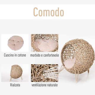 Cesta Elevada para Gatos Hasta 10Kg, Cama para Mascotas de Mimbre Color Madera (Φ52X58Cm)