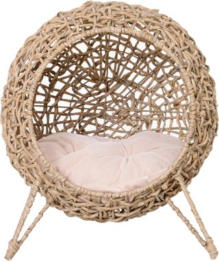 Cesta Elevada para Gatos Hasta 10Kg, Cama para Mascotas de Mimbre Color Madera (Φ52X58Cm)