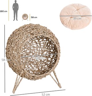 Cesta Elevada para Gatos Hasta 10Kg, Cama para Mascotas de Mimbre Color Madera (Φ52X58Cm)