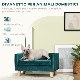 Sofá para Perros y Gatos con Diseño Escandinavo y Cojín Acolchado, Cama para Animales de Interior en Terciopelo y Madera, 64X45X36Cm, Azul