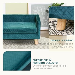 Sofá para Perros y Gatos con Diseño Escandinavo y Cojín Acolchado, Cama para Animales de Interior en Terciopelo y Madera, 64X45X36Cm, Azul