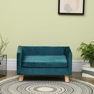 Sofá para Perros y Gatos con Diseño Escandinavo y Cojín Acolchado, Cama para Animales de Interior en Terciopelo y Madera, 64X45X36Cm, Azul