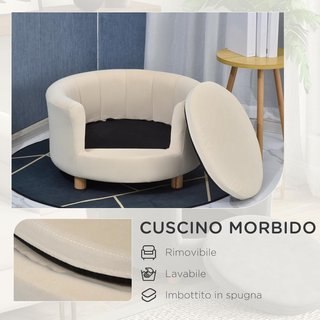 Sofá para Perros Acolchado con Respaldo y Cojín Extraíble, Cama para Gato de Interior, 65X64X37 Cm, Crema