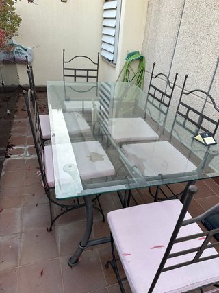 Mesa cristal exterior + 6 sillas