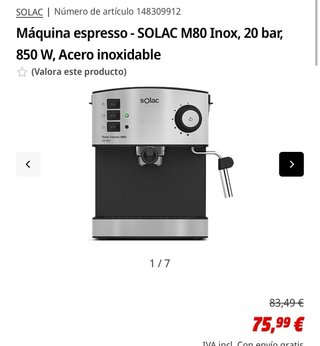 Cafetera Solac M80 Inox Espresso 20 bar