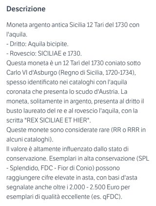 Moneta Sicilia 12 tari 1730 Formula visto piaciuto
