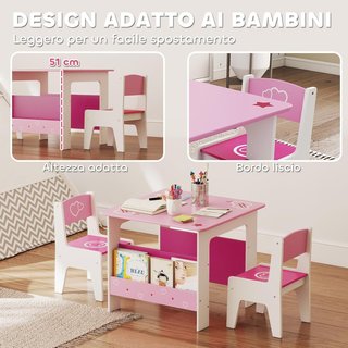 Conjunto de Mesa con 2 Sillas para Niños, Mesa con Estante Librería Integrado, Muebles para Habitación y Sala de Estar en Madera MDF con Dibujos de Corazones, Edad 3-8 Años, Rosa