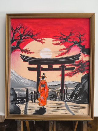 Dipinto acrilico donna kimono torii