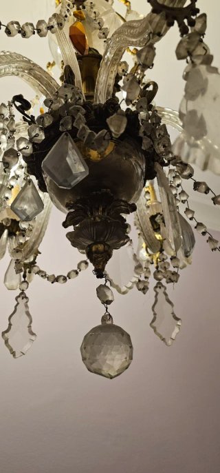Lámpara de techo, Cristal y bronce.6 brazos
