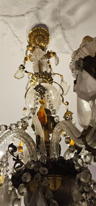 Lámpara de techo, Cristal y bronce.6 brazos