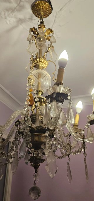 Lámpara de techo, Cristal y bronce.6 brazos