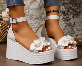 Sandalias Plataforma Verano Blancas Perlas