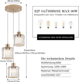 Lámpara Colgante Cristal Dorada 3 Luces E27