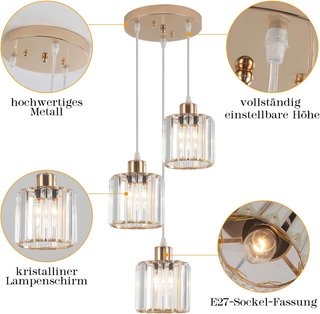 Lámpara Colgante Cristal Dorada 3 Luces E27