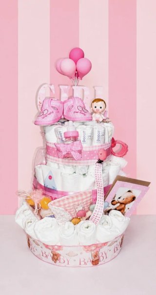TARTA DE PAÑALES PREMIUM,alta calidad en tono rosa