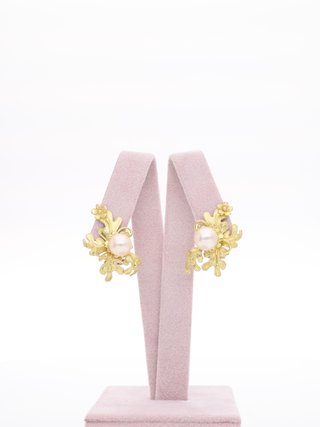 Orecchini Vintage Oro Giallo 18kt Foglia Perla