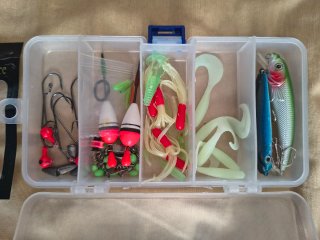 Caña de pesca con carrete y accesorios