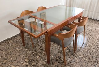 Mesa Comedor Cristal Extensible + 6 Sillas Madera