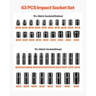 Juego de Enchufes de Impacto de 1/2 Pulgadas 43 Piezas, Asortimento de Enchufes Estándar, Juego de Enchufes de 1/2 Pulgadas con Enchufes de 6 Puntos Métricos de 9-30mm (Estándar/Profundo)