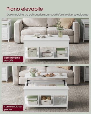 Mesa de Café, Mesa de Salón con Tablero Elevable, Mesa con Espacio de Organizador Abierto y Oculto, Barras en X, 60 X 100 X (48-62) Cm, Blanco Nieve y Blanco LCT205W46