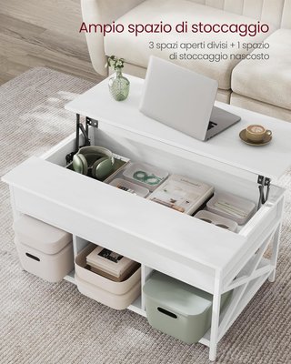 Mesa de Café, Mesa de Salón con Tablero Elevable, Mesa con Espacio de Organizador Abierto y Oculto, Barras en X, 60 X 100 X (48-62) Cm, Blanco Nieve y Blanco LCT205W46
