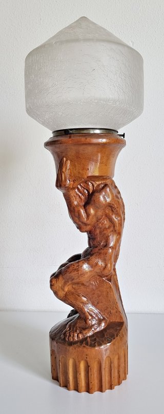 Lampada vintage scultura legno e vetro craquelé