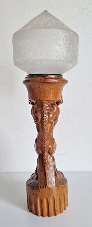 Lampada vintage scultura legno e vetro craquelé