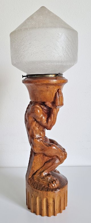 Lampada vintage scultura legno e vetro craquelé